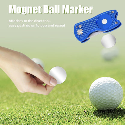 All Metal Foldable Golf Divot Tool with Pop-Up Button & Magnetic Ball Marker (Multi-Colors/Shape)