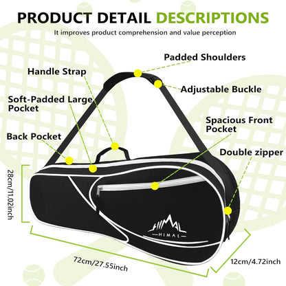3 Racquet Tennis-Bag Premium Tennis-Racket-Bag with Protective Pad, Professional or Beginner Tennis Players, Lightweight Tennis Bag for All Ages,Black