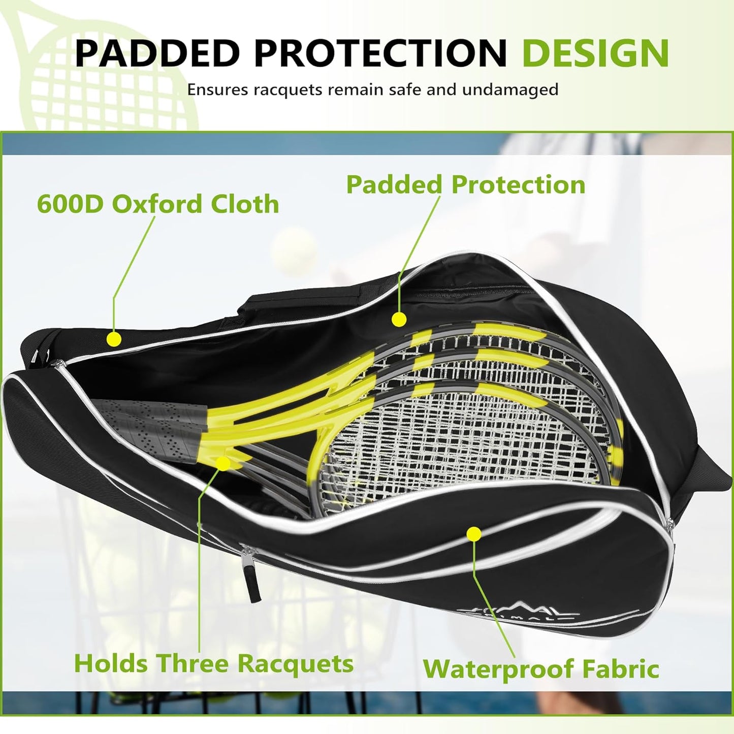 3 Racquet Tennis-Bag Premium Tennis-Racket-Bag with Protective Pad, Professional or Beginner Tennis Players, Lightweight Tennis Bag for All Ages,Black