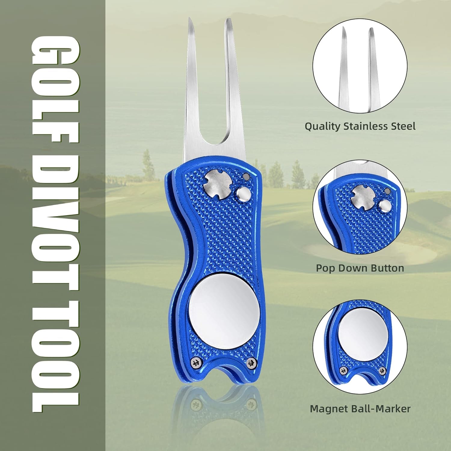 All Metal Foldable Golf Divot Tool with Pop-Up Button & Magnetic Ball Marker (Multi-Colors/Shape)