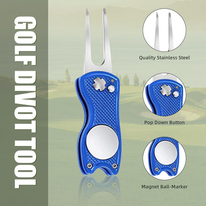 All Metal Foldable Golf Divot Tool with Pop-Up Button & Magnetic Ball Marker (Multi-Colors/Shape)