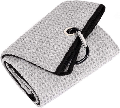 Tri-Fold Golf Towel | Premium Microfiber Fabric | Waffle Pattern | Heavy Duty Carabiner Clip | 14 Color Options