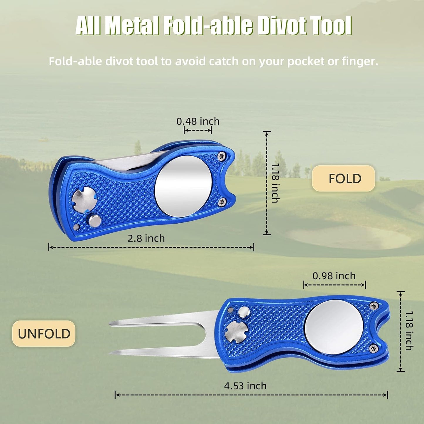All Metal Foldable Golf Divot Tool with Pop-Up Button & Magnetic Ball Marker (Multi-Colors/Shape)